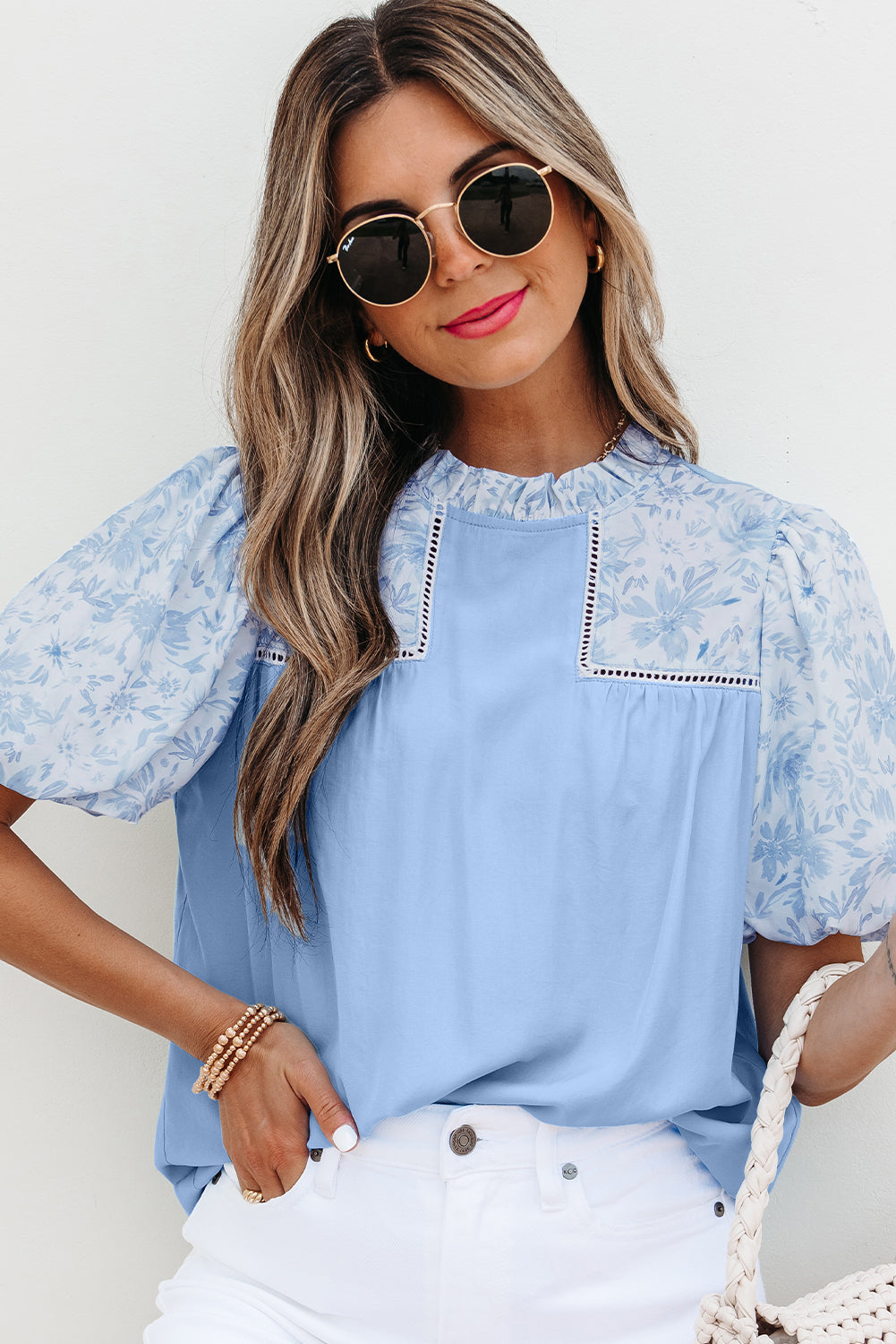 Saanvi Lace Floral Puff Sleeve Loose Blouse - Farnelli