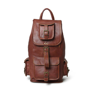 Classy Leather Bags Rictus Hiking Backpack in Walnut Brown with adjustable straps and multiple compartments for outdoor use.