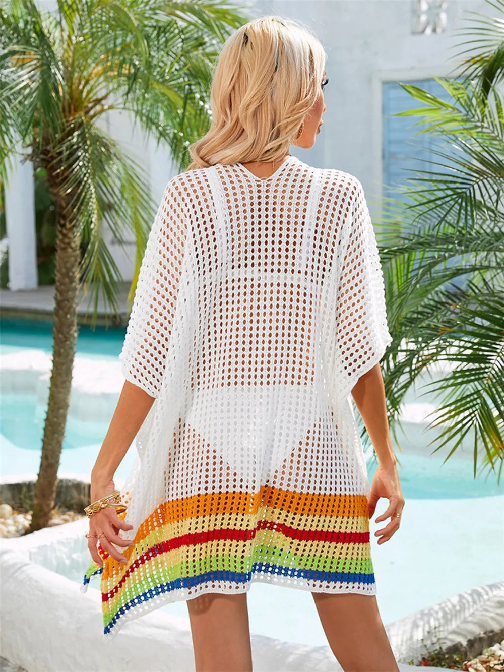 Slit Openwork V-Neck Half Sleeve Cover-Up - Farnelli