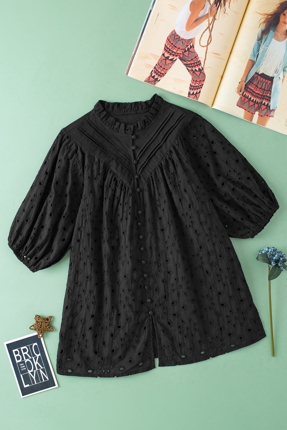Arielle Embroidered Hollow-out Puff Sleeve Blouse - Farnelli