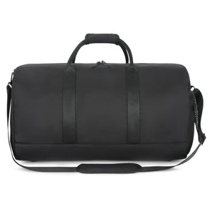 Double Oak Essentials travel weekender bag with leather accents and spacious interior, ideal for short trips and weekend getaways.
