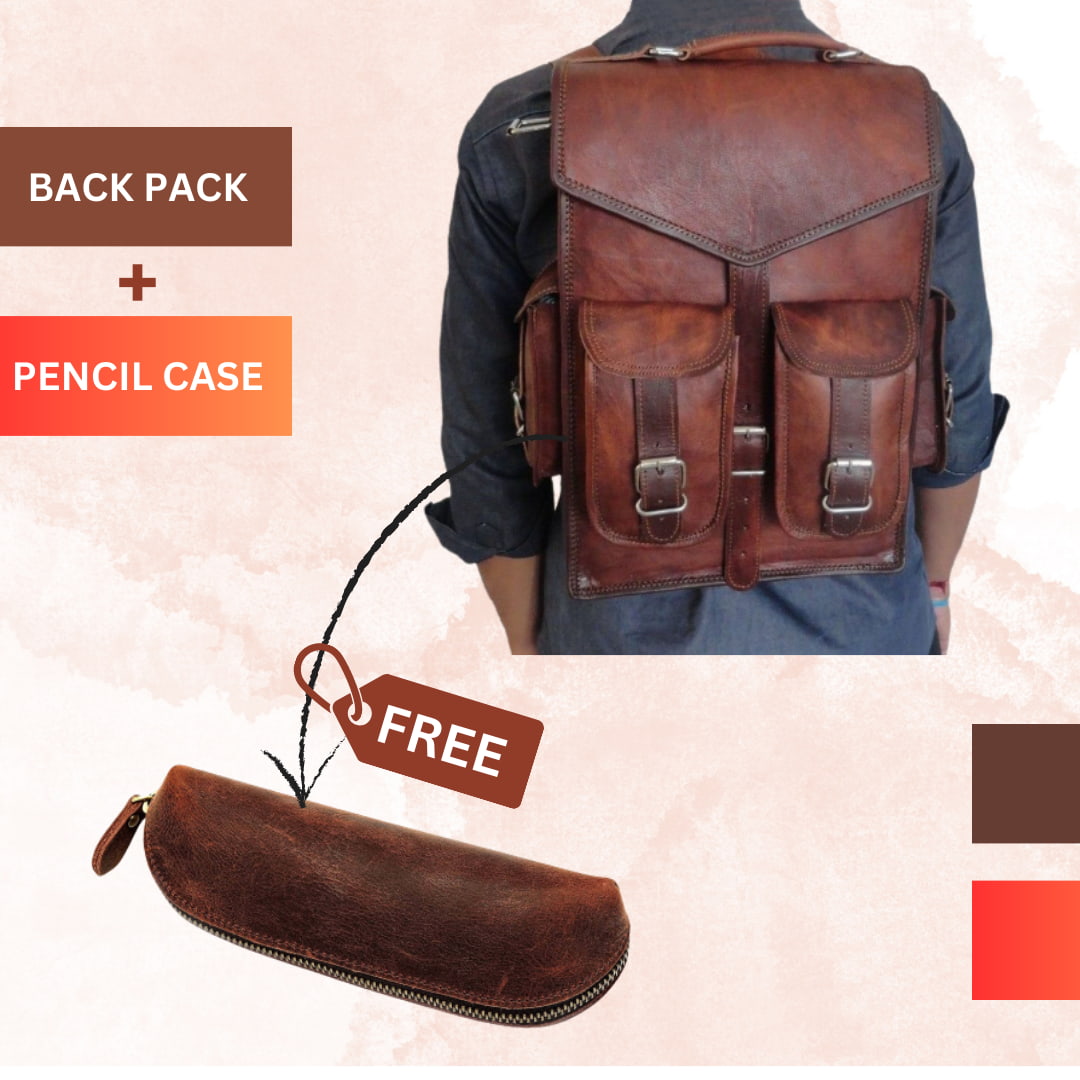 Classy Leather Bags Pre-Historic Convertible backpack with adjustable straps and a free pencil case, made of durable leather.