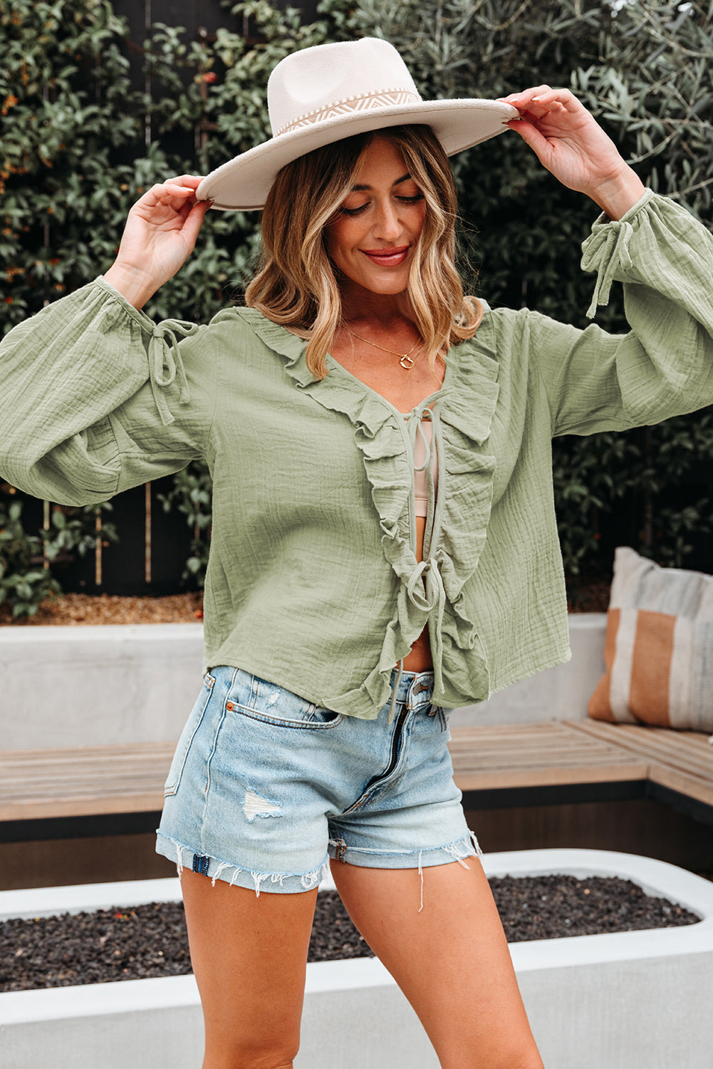 Natalia Bow Tie Front Ruffle Trim Long Sleeve Gauze Blouse - Farnelli