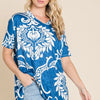 BOMBOM Printed Relaxed V-Neck Tunic Top - Blue