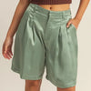 HYFVE High-Waist Pleated Satin Shorts - Matcha Green