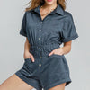 Umgee Button Down Charmeuse Romper - NAVY