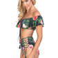 BLACK TROPICAL RUFFLED OFF THE SHOULDER BIKINI SET