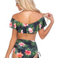 BLACK TROPICAL RUFFLED OFF THE SHOULDER BIKINI SET