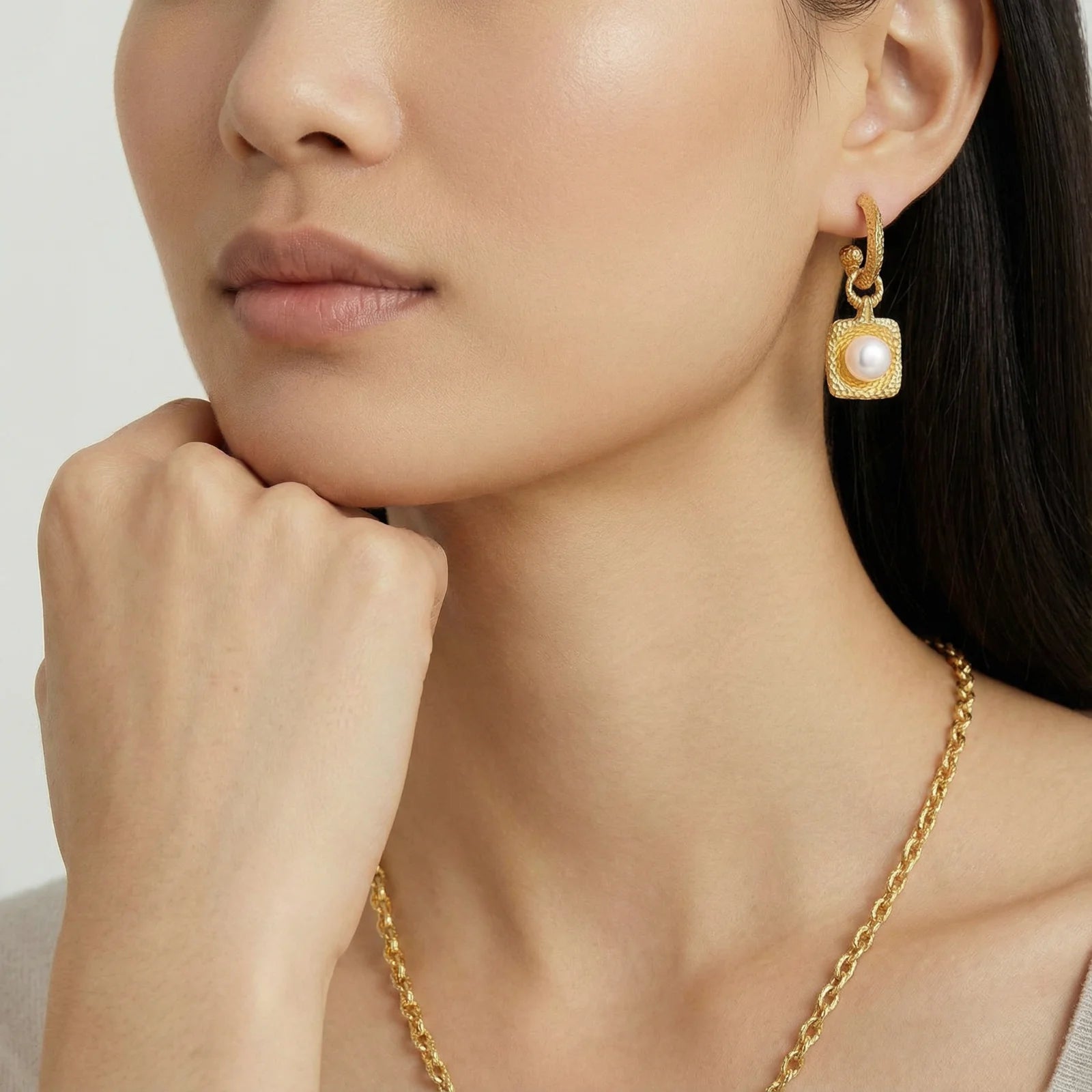 Golden Pearl Drop Hoops - Farnelli