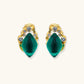 Gold-plated stud earrings featuring teardrop emerald green liuli stones with cubic zirconia crystal accents on white background.