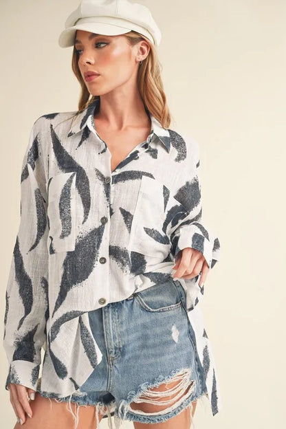 Aemi + Co High-Low Printed Button Up Long Sleeve Shirt - Farnelli