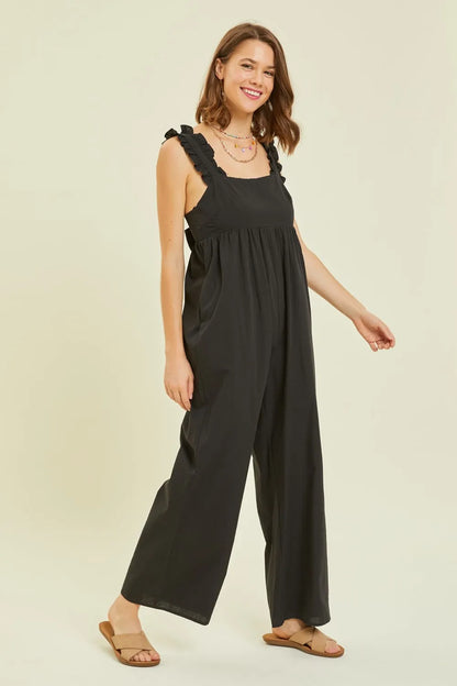 HEYSON Full Size Ruffled Strap Back Tie Wide Leg Jumpsuit - Farnelli