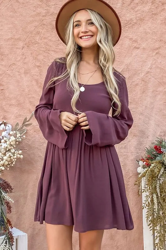 And The Why Back Lace Button Down Detail Bell Sleeve Dress - Farnelli