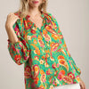 Umgee Satin Paisley Ruffle Neck Button-Up Shirt - Green
