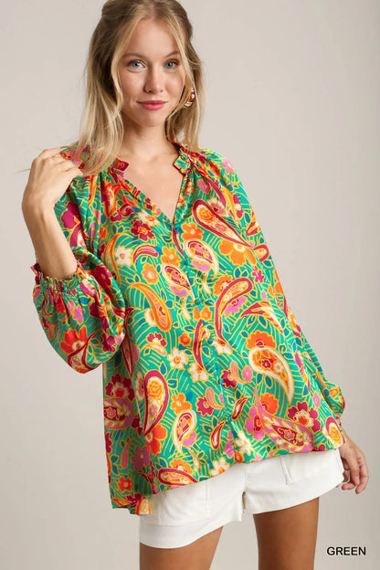 Umgee Satin Paisley Ruffle Neck Button-Up Shirt - Farnelli