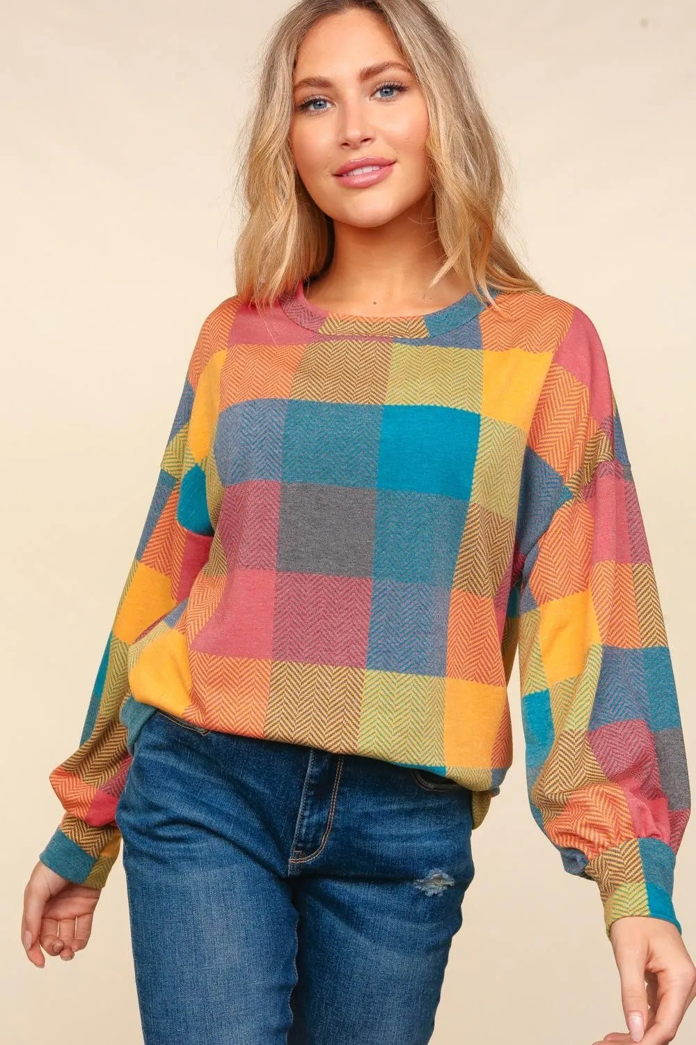 Haptics Round Neck Color Block Plaid Top - Farnelli