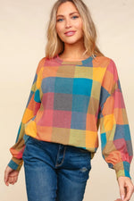 Haptics Round Neck Color Block Plaid Top - Farnelli