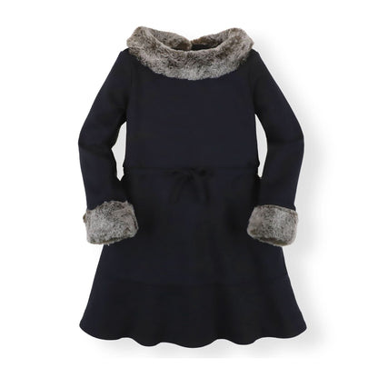 Long Sleeve Ponte Dress with Faux Fur