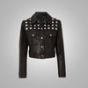 Women's Black Shearling Studded Textured Cropped Leather Jacket - Black