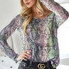BiBi Snakeskin Print Low Gauge Hacci V Neck Top - LAVENDER/GREEN