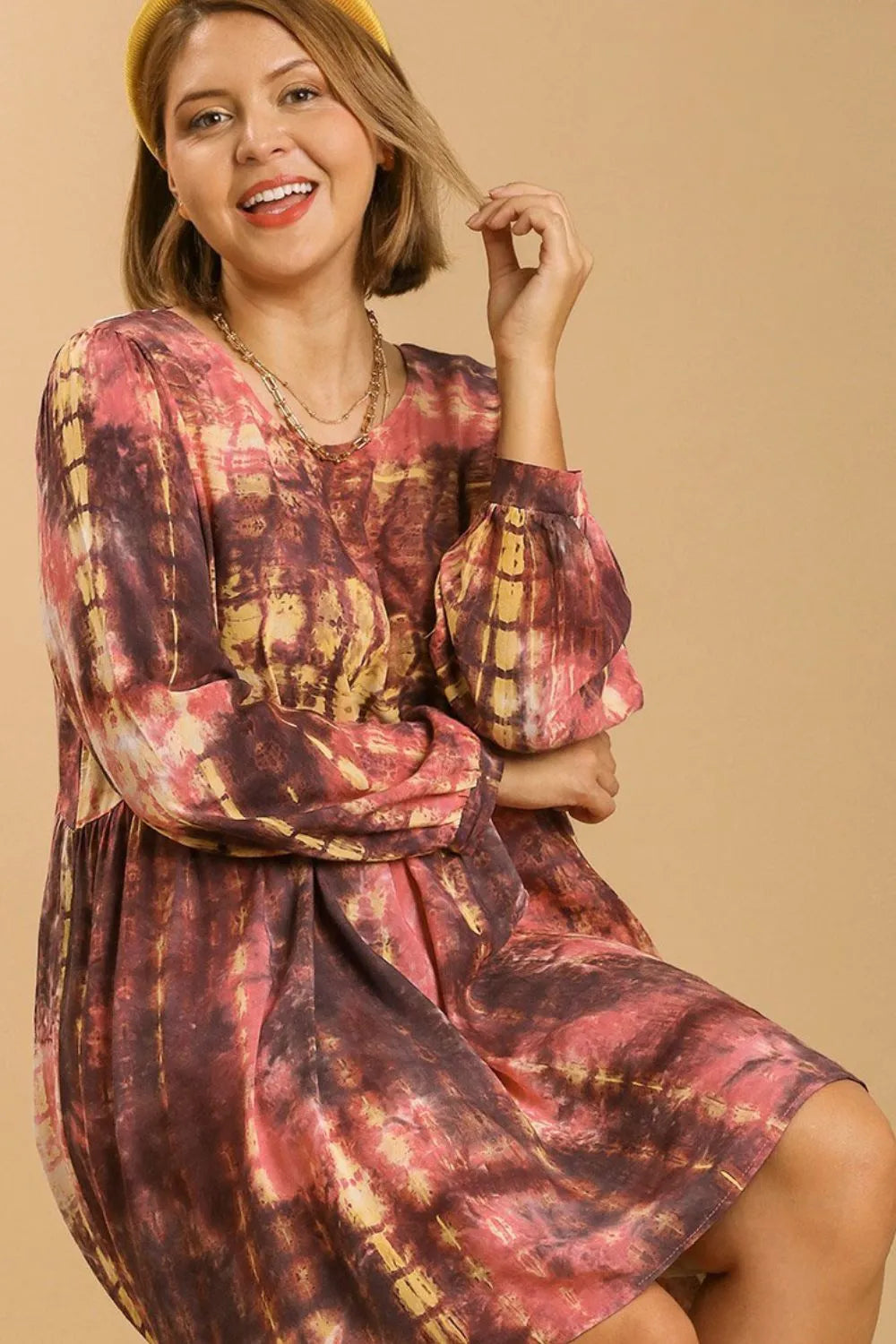 Umgee Full Size Tie Dye Long Sleeve Babydoll Dress with Keyhole Plus Size - Farnelli