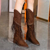 Fringed Point Toe Block Heel Boots - Brown