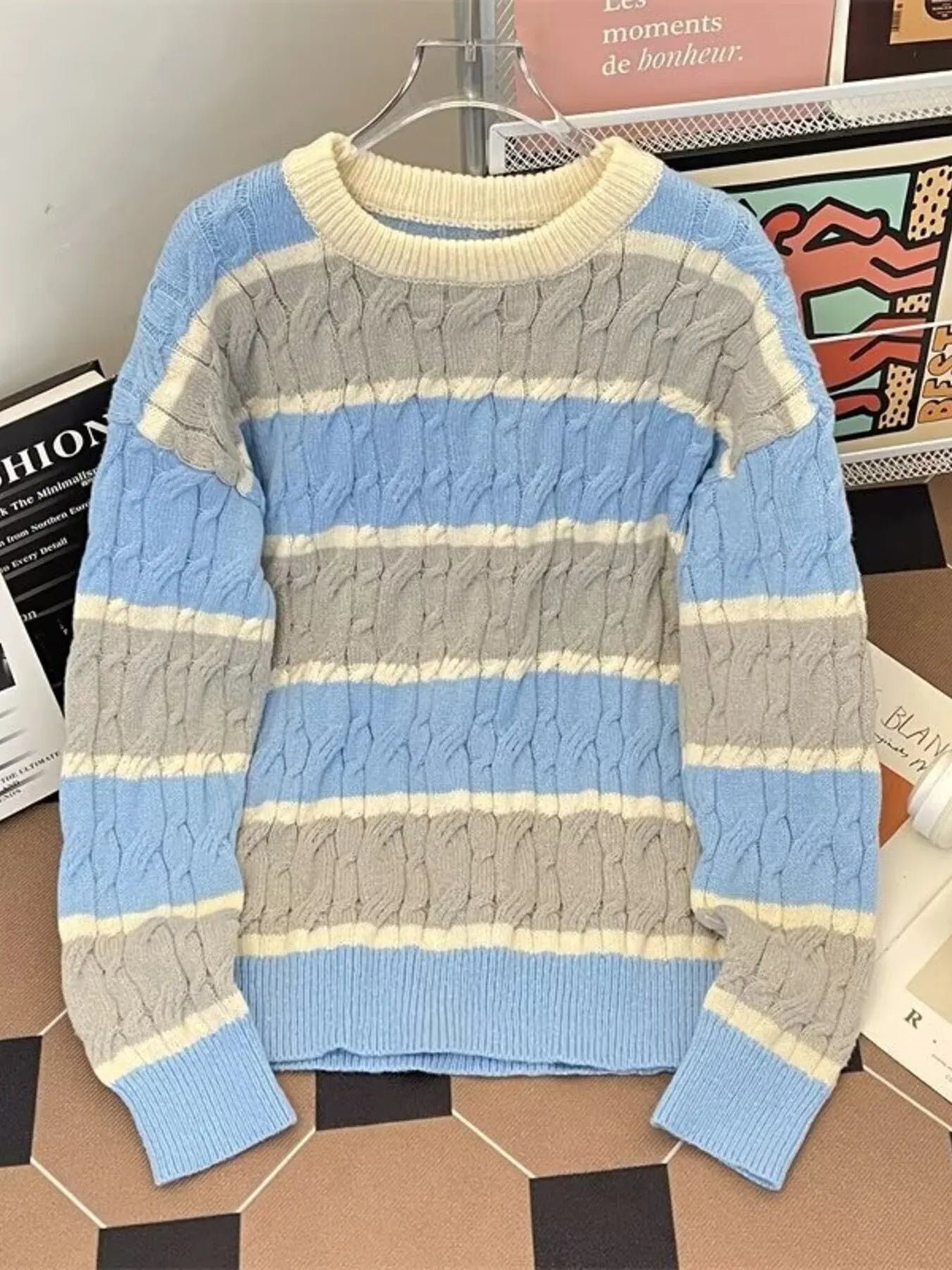 Men's Plus Size Striped Cable Knit Pullover Sweater - Farnelli