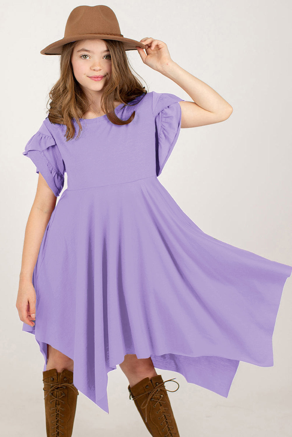Round Neck Petal Sleeve Dress - Farnelli