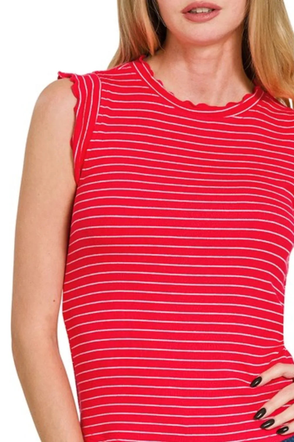 Zenana Ribbed Ruffle Trim Sleeveless Stripe Top - Farnelli