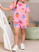 Children's Strawberry Print Round Neck Tee and Shorts Set - Farnelli