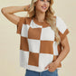 Double Take Full Size Checkered Round Neck Short Sleeve Sweater - Farnelli