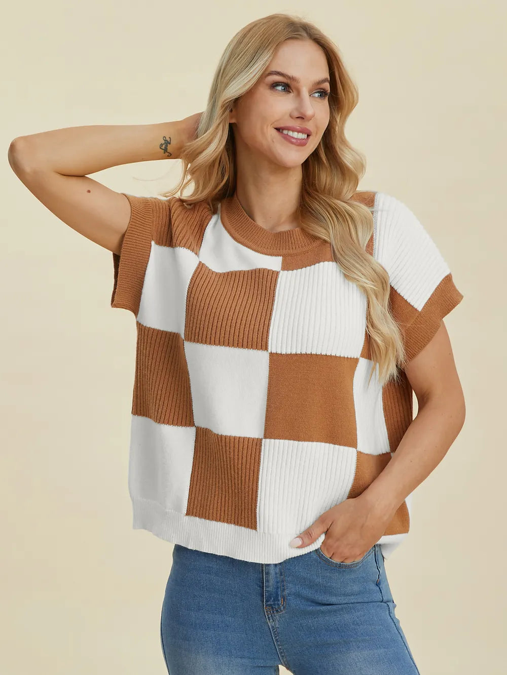Double Take Full Size Checkered Round Neck Short Sleeve Sweater - Farnelli