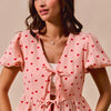 SO ME All Over Heart Ribbon Tie Baby Doll Valentine Blouse - BLUSH/RED