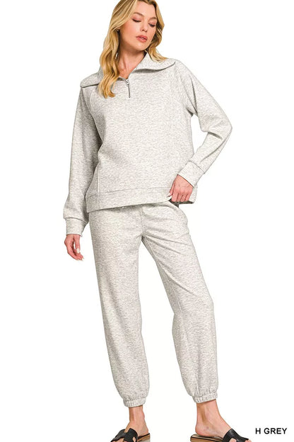 Zenana Scuba Half Zip Sweatshirts and Joggers Set - Farnelli