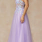 Juliet 2401 Floor Length A-Line Tulle Gown with Detachable Puff Sleeves