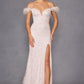 Juliet 2402 Glitter Leaf Sequin Gown with Feathered Sleeves and Slit