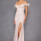 Juliet 2402 Glitter Leaf Sequin Gown with Feathered Sleeves and Slit