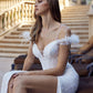 Juliet 2402 Glitter Leaf Sequin Gown with Feathered Sleeves and Slit