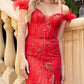 Juliet 2402 Glitter Leaf Sequin Gown with Feathered Sleeves and Slit