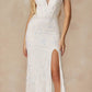 Juliet 2402 Glitter Leaf Sequin Gown with Feathered Sleeves and Slit