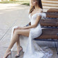 Juliet 2402 Glitter Leaf Sequin Gown with Feathered Sleeves and Slit