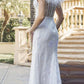 Juliet 2402 Glitter Leaf Sequin Gown with Feathered Sleeves and Slit