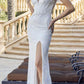 Juliet 2402 Glitter Leaf Sequin Gown with Feathered Sleeves and Slit