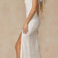 Juliet 2402 Glitter Leaf Sequin Gown with Feathered Sleeves and Slit
