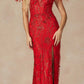 Juliet 2402 Glitter Leaf Sequin Gown with Feathered Sleeves and Slit