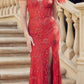 Juliet 2402 Glitter Leaf Sequin Gown with Feathered Sleeves and Slit