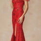 Juliet 2402 Glitter Leaf Sequin Gown with Feathered Sleeves and Slit
