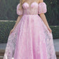 Juliet 2404 Strapless Sequin Tulle Ballgown Removable Puff Sleeves