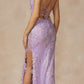 Juliet 2405 Machine Sequin Lace Embellishments High Slit Prom Gown