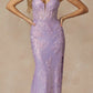Juliet 2405 Machine Sequin Lace Embellishments High Slit Prom Gown